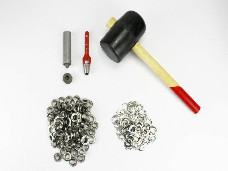 Profi Hammer Ösenset 12mm + 100 DIN Ösen VA Edelstahl Locheisen Ösenwerkzeug