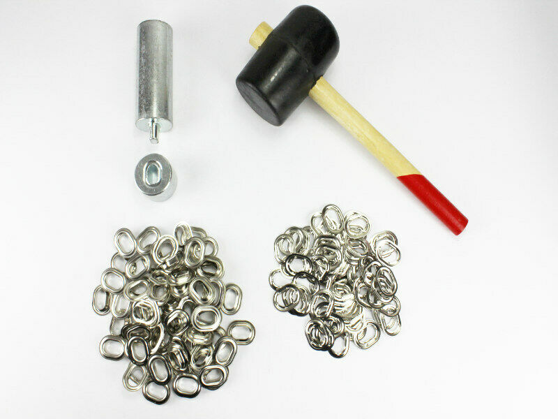 Oval Ösen Set 22,5 x 13,5 mm + 100 Ovalösen Messing Nickel Ösenstempel + Hammer