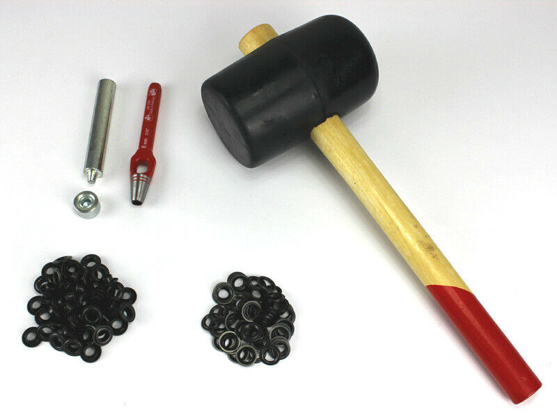 Profi Hammer Ösenset 8mm + 50 Ösen Messing brüniert (schwarz) DIN 7332 Locheisen Ösenwerkzeug
