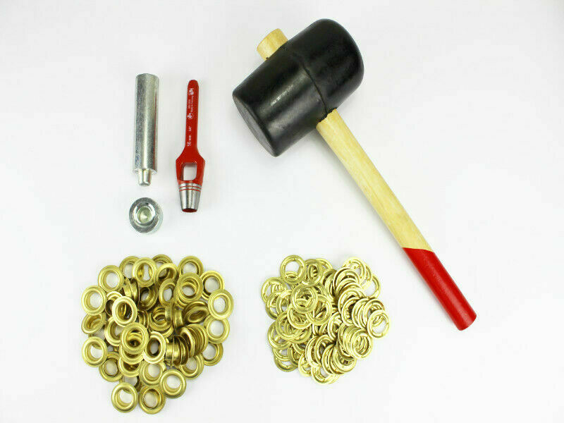 Profi Hammer Ösenset 14mm +100 Ösen Messing DIN 7332 Locheisen Ösenwerkzeug