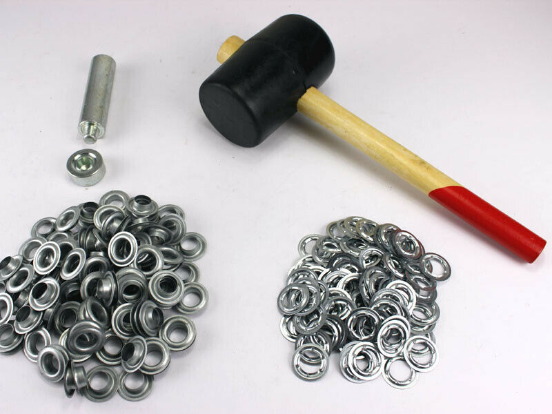 Ösenset 14 mm + 100 Ösen verzinkt Einschlagstempel + Hammer Ösenstanze