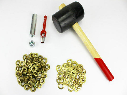 Profi Hammer Ösenset 12mm +100 Ösen Messing DIN 7332 Locheisen Ösenwerkzeug