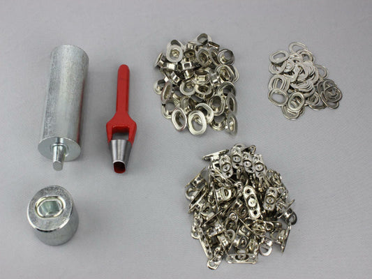 Oval Einschlagstempel Locheisen 22,5x13,5mm  + 50 Ösen Nickel + 50 Drehverschluß