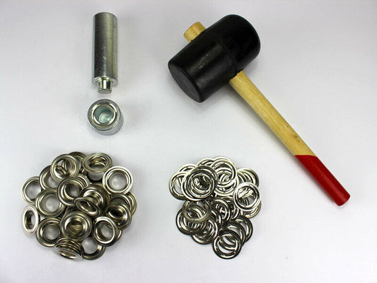 Ösenset 25 mm + 20 Ösen Nickel rostfrei Einschlagstempel + Hammer Ösenstanze