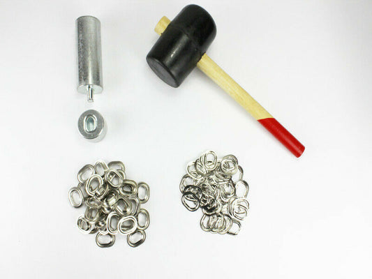Oval Ösen Set 22,5 x 13,5 mm + 50 Ovalösen Messing Nickel Ösenstempel + Hammer