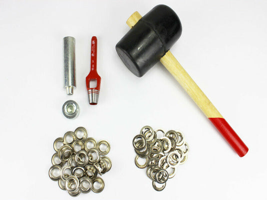 Profi Hammer Ösenset 16mm + 50 Ösen Nickel DIN 7332 Locheisen Ösenwerkzeug