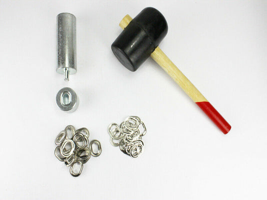 Oval Ösen Set 22,5 x 13,5 mm + 20 Ovalösen Messing Nickel Ösenstempel + Hammer