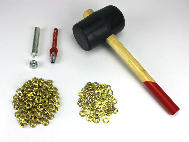 Profi Hammer Ösenset 8mm + 100 Ösen Messing DIN 7332 Locheisen Ösenwerkzeug